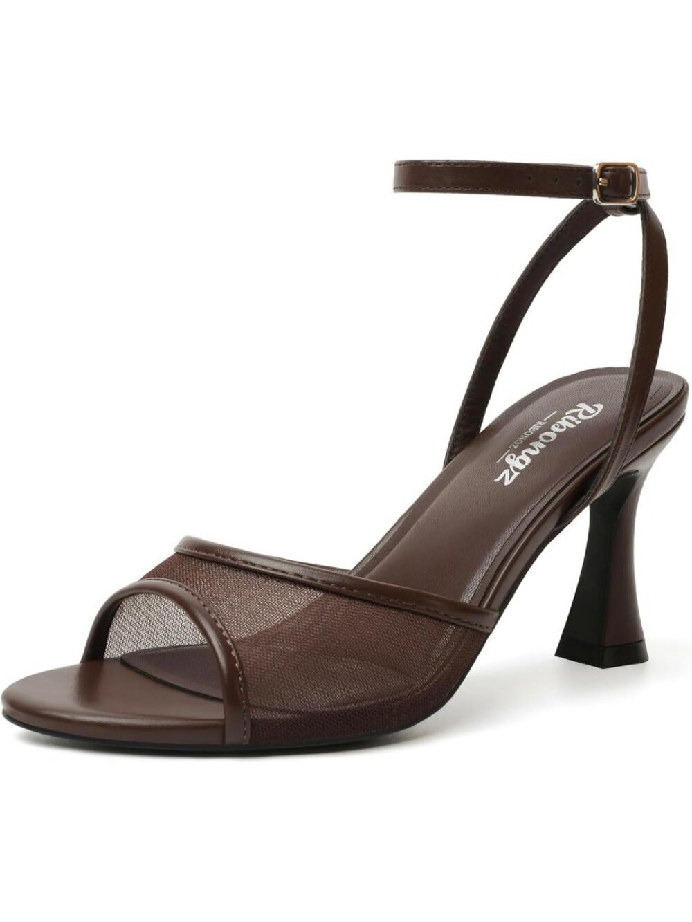 Women's Brown Mesh Open Toe Kitten Chunky Block Heel Ankle Strap Buckle Sandals